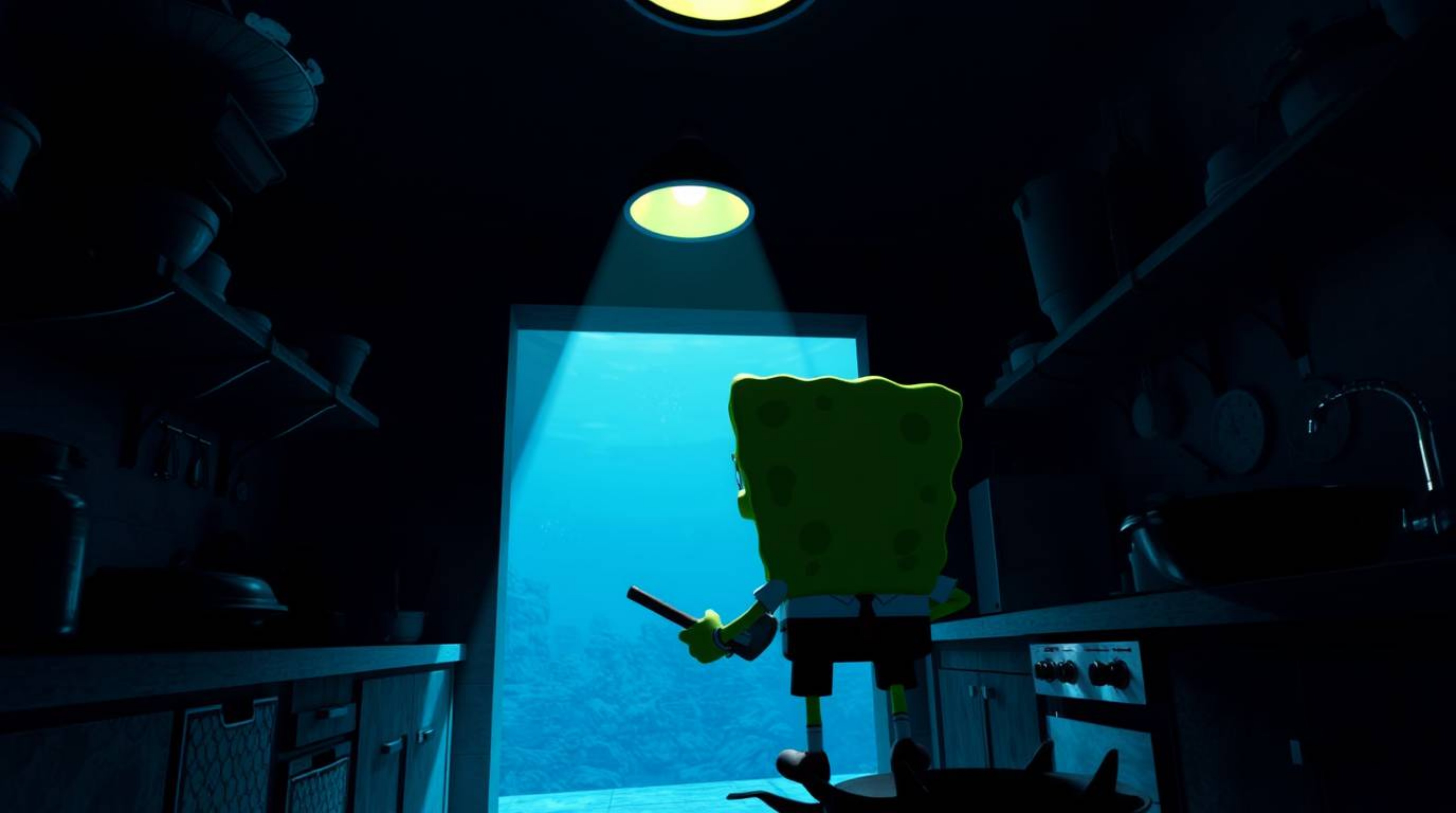 A high-angle, silhouetted sponge character is diligently cooking in a vibrant underwater kitchen. The scene is beautifully ba