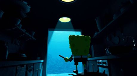 A high-angle, silhouetted sponge character is diligently cooking in a vibrant underwater kitchen. The scene is beautifully ba