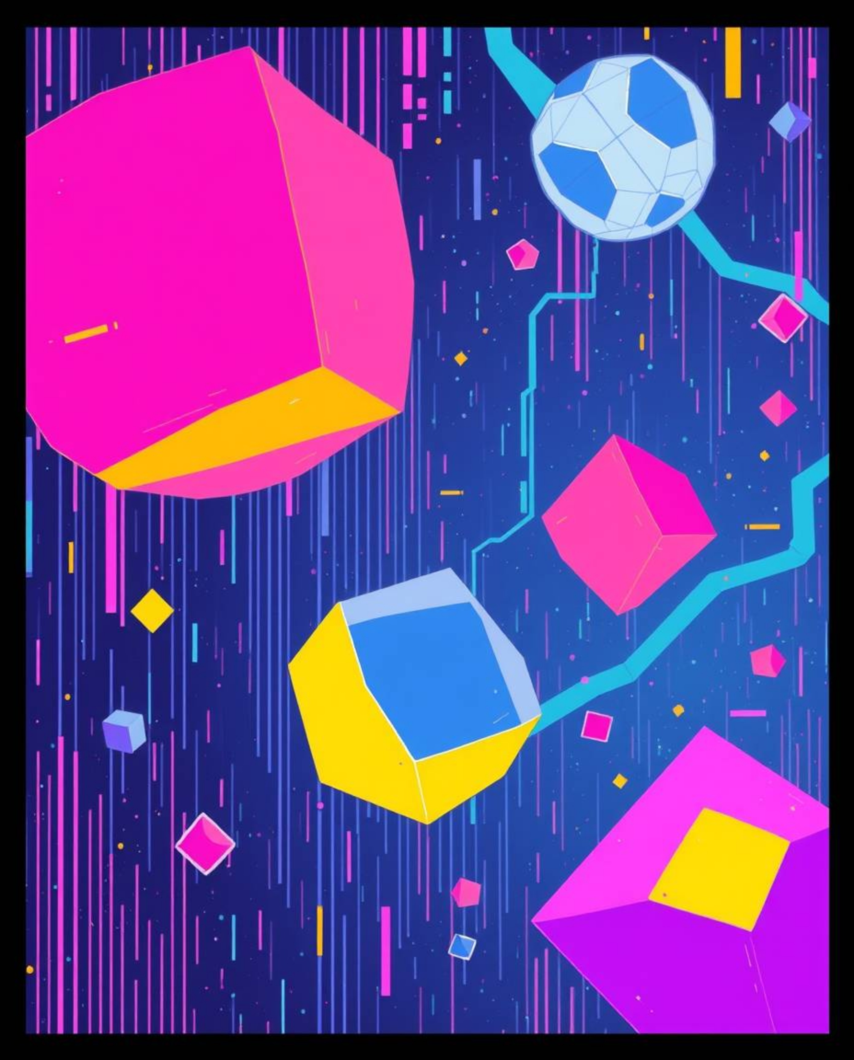 Dive into a vibrant isekai anime style illustration featuring complementary colors and glitched geometric shapes floating in 