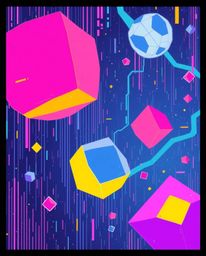 Dive into a vibrant isekai anime style illustration featuring complementary colors and glitched geometric shapes floating in 