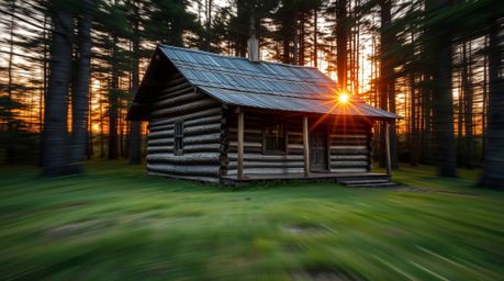 Experience the captivating allure of a sunset in the woods as dynamic motion blurs the lines around an old wooden cabin. This