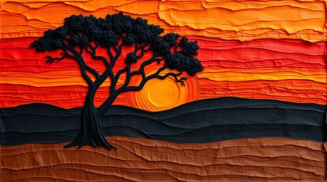 A captivating image of a lone tree silhouetted against a vibrant fiery sunset.  The artwork features a sculpted papier-mâché 