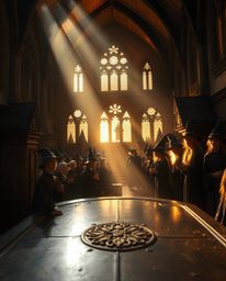 Experience the enchanting ambiance of a magical school bathed in the warm, bronze glow of golden hour light. Young wizards fi