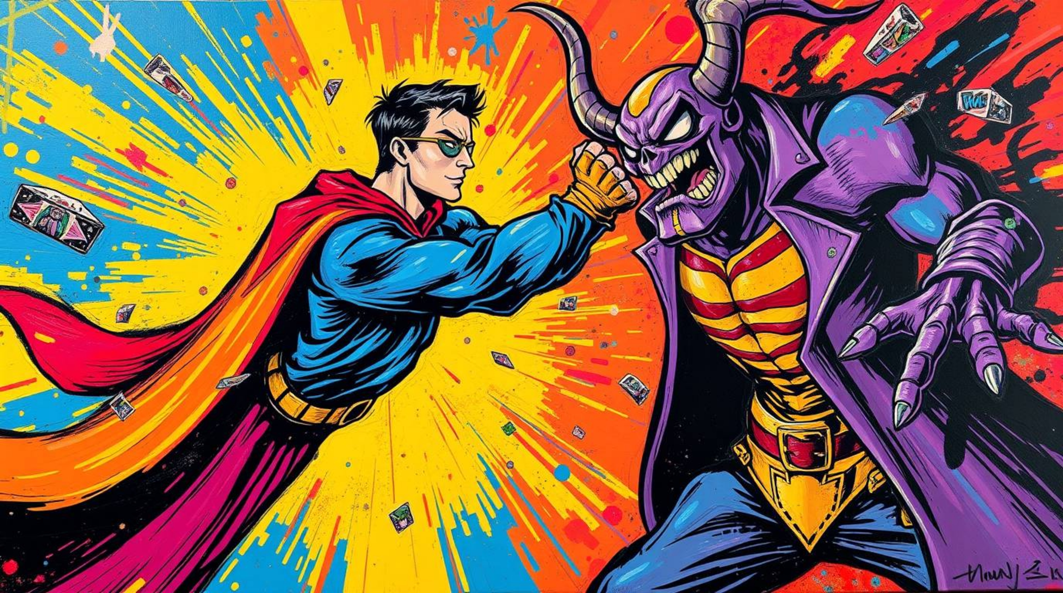 A bold and vibrant acrylic painting depicts a superhero with a cape engaged in a comical battle against a silly villain. The 