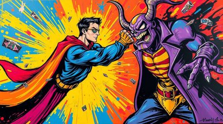 A bold and vibrant acrylic painting depicts a superhero with a cape engaged in a comical battle against a silly villain. The 