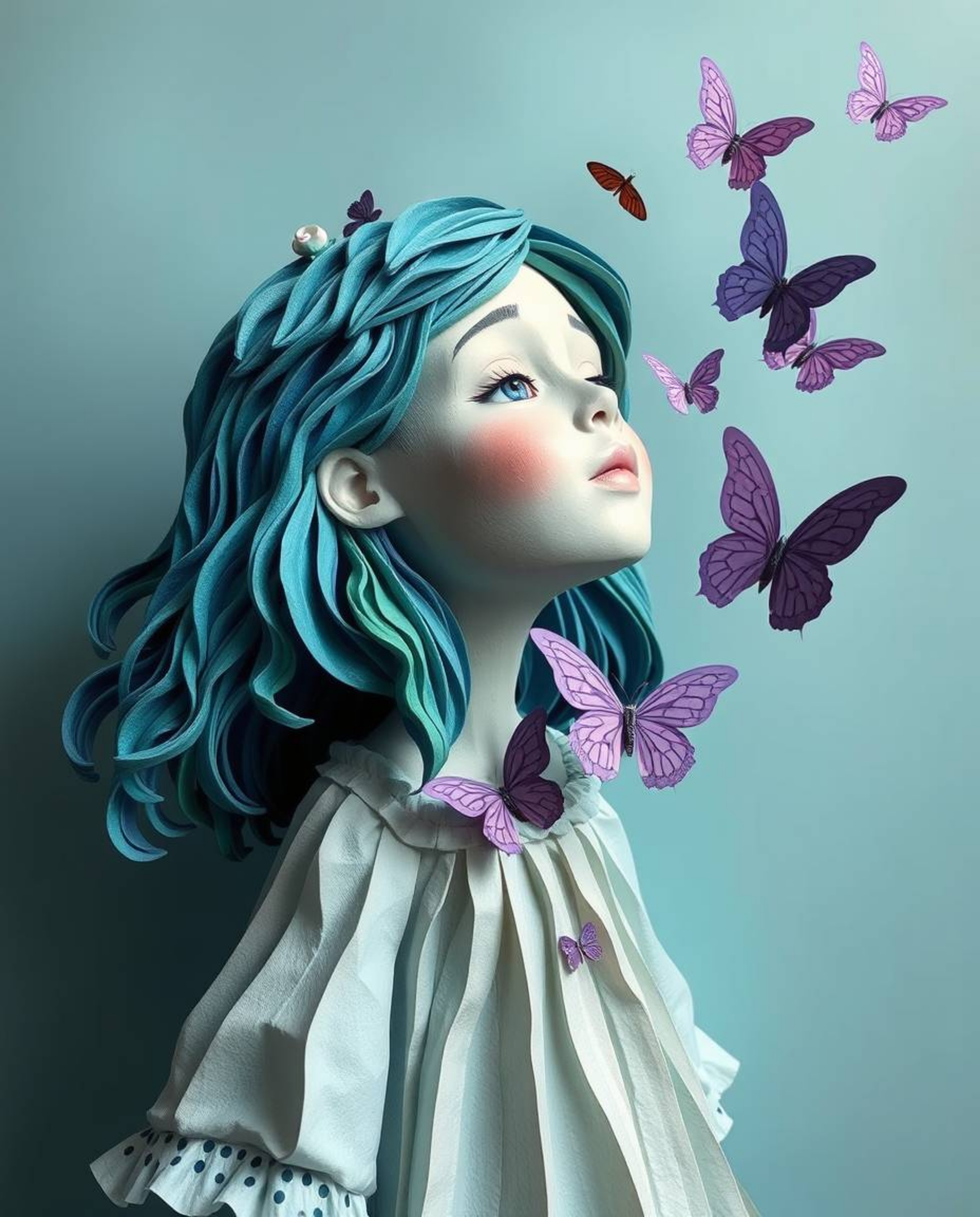 A captivating layered papier-mâché sculpture depicts a girl gently releasing butterflies into the air.  The artwork features 