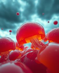 An intense close-up shot showcases floating 3D blobs of vibrant fluid jelly, featuring synthetic textures, set against dramat
