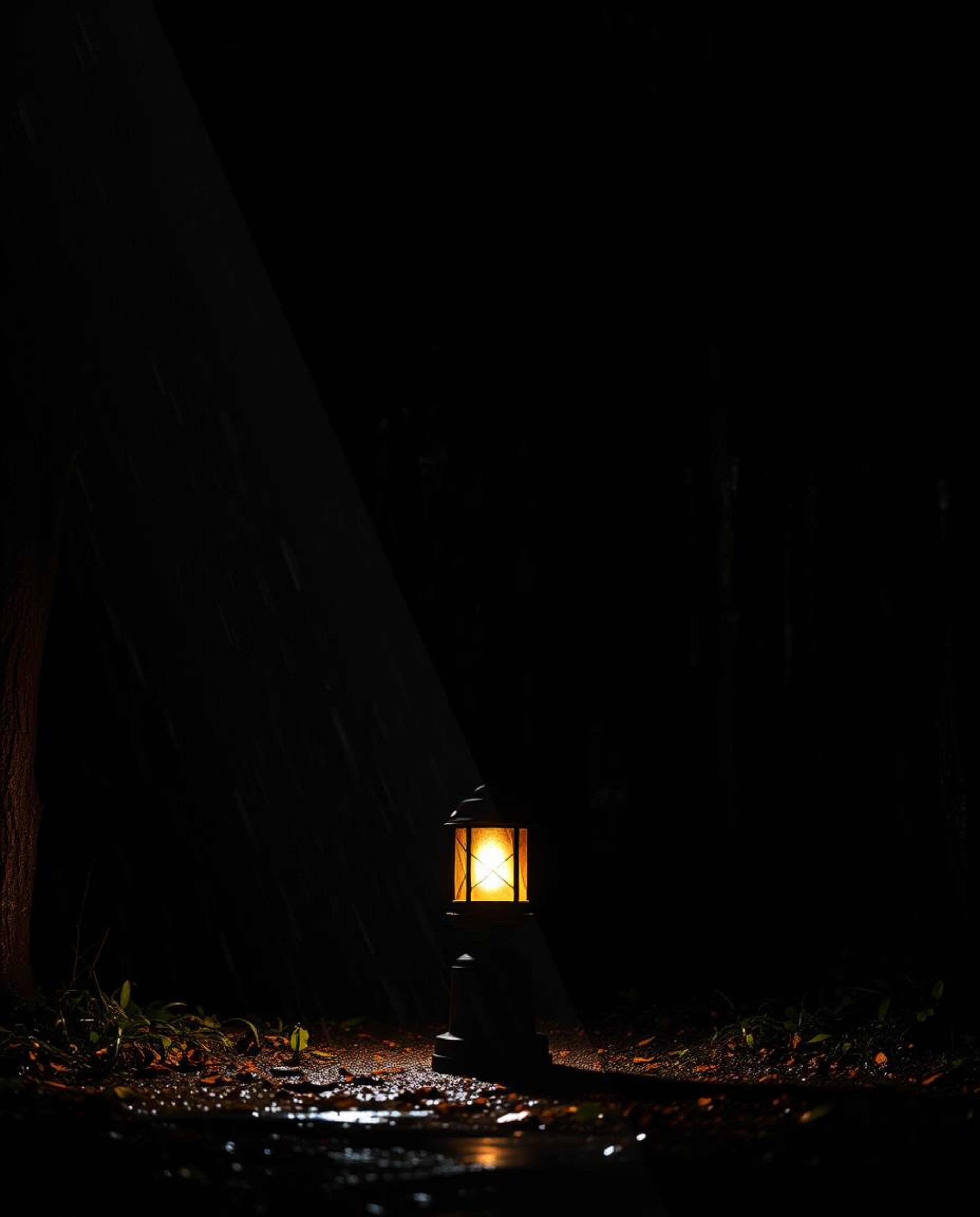 A captivating split-screen artwork depicting a glowing lantern illuminating a dark forest. The scene utilizes bold contrasts 