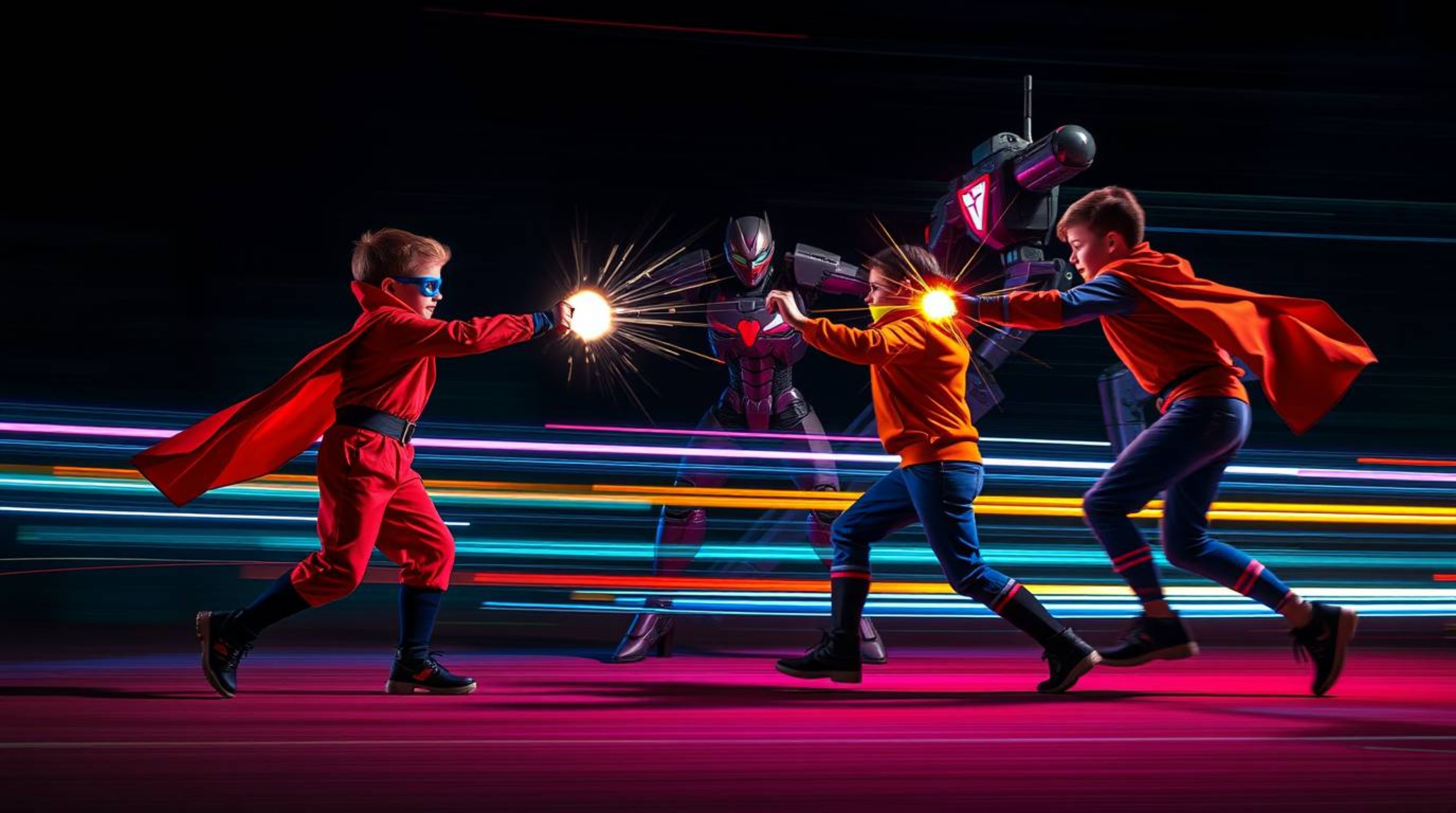 A long exposure photograph depicting a dynamic fight between a trio of superpowered kids and a formidable robot. The vibrant 