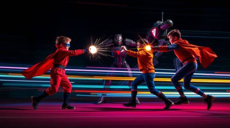 A long exposure photograph depicting a dynamic fight between a trio of superpowered kids and a formidable robot. The vibrant 