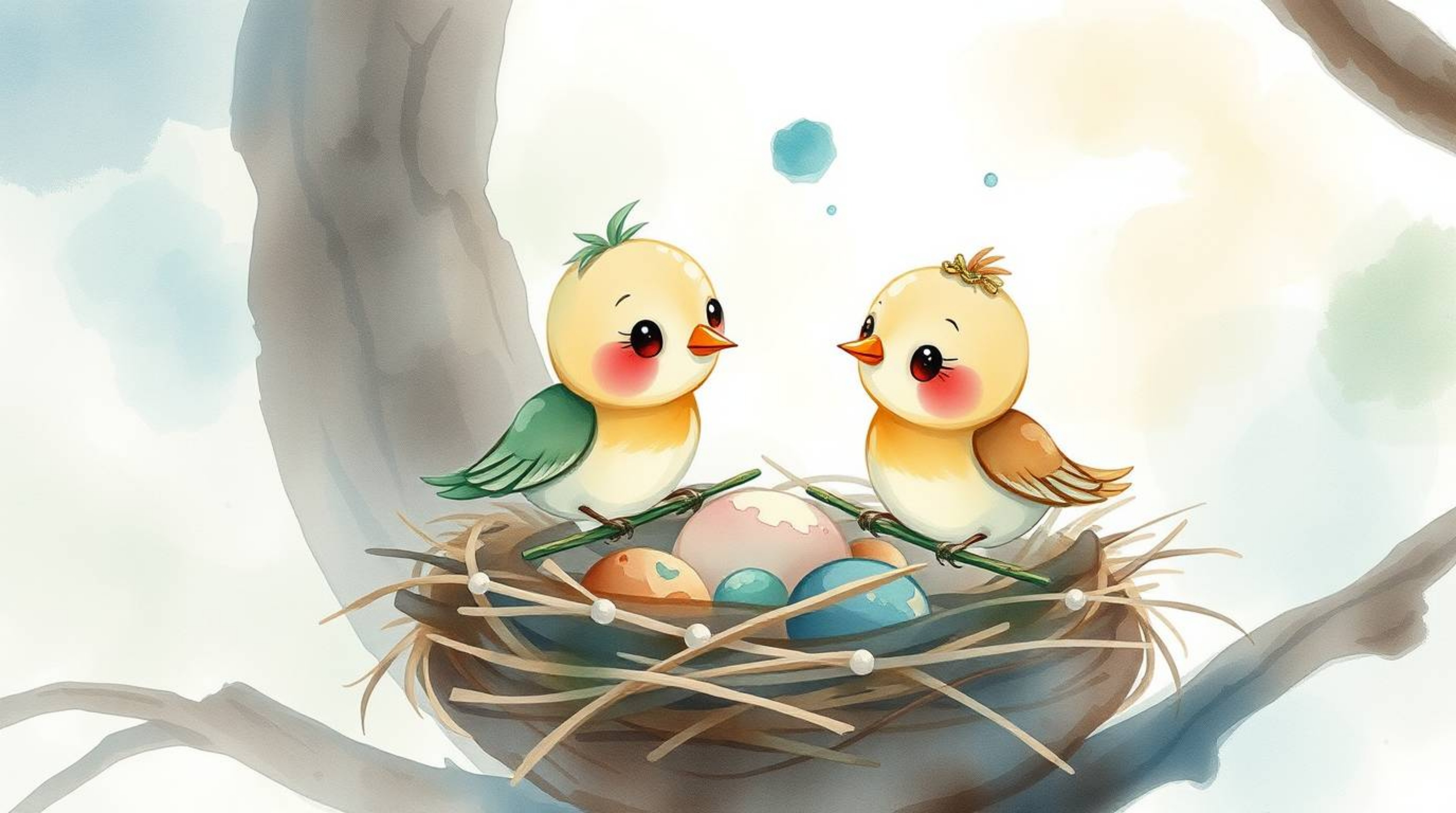 This artwork showcases a delicate watercolor painting of two cartoon birds diligently building their nest. Rendered in a clas
