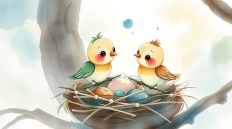 This artwork showcases a delicate watercolor painting of two cartoon birds diligently building their nest. Rendered in a clas