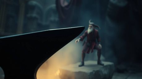 A captivating cinematic image depicts an anvil poised to strike a trickster character, rendered with a soft focus and hazy ba