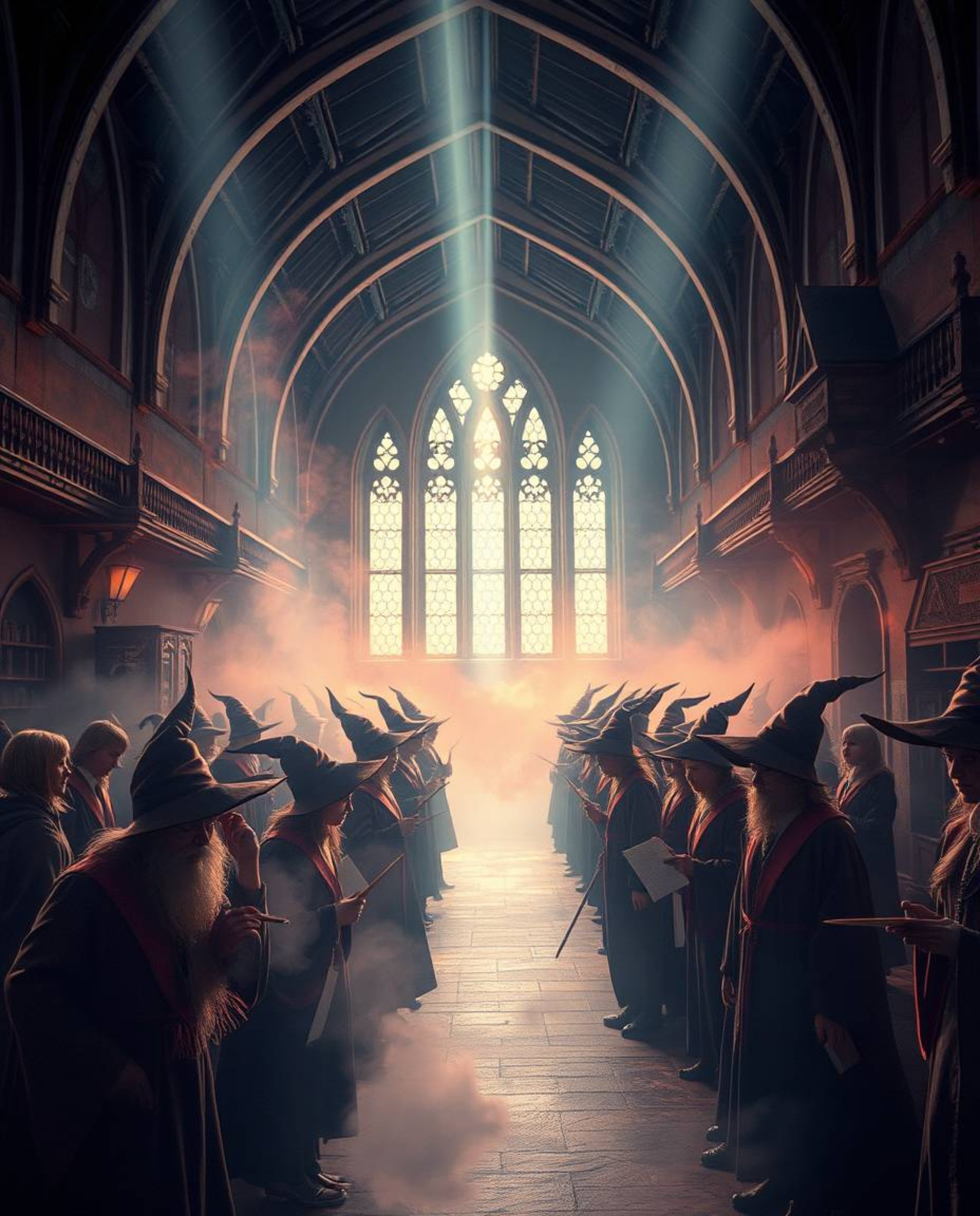 Discover a surreal illustration of a magical school brimming with young wizards.  Rendered in volumetric lighting and infrare