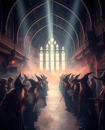 Discover a surreal illustration of a magical school brimming with young wizards.  Rendered in volumetric lighting and infrare
