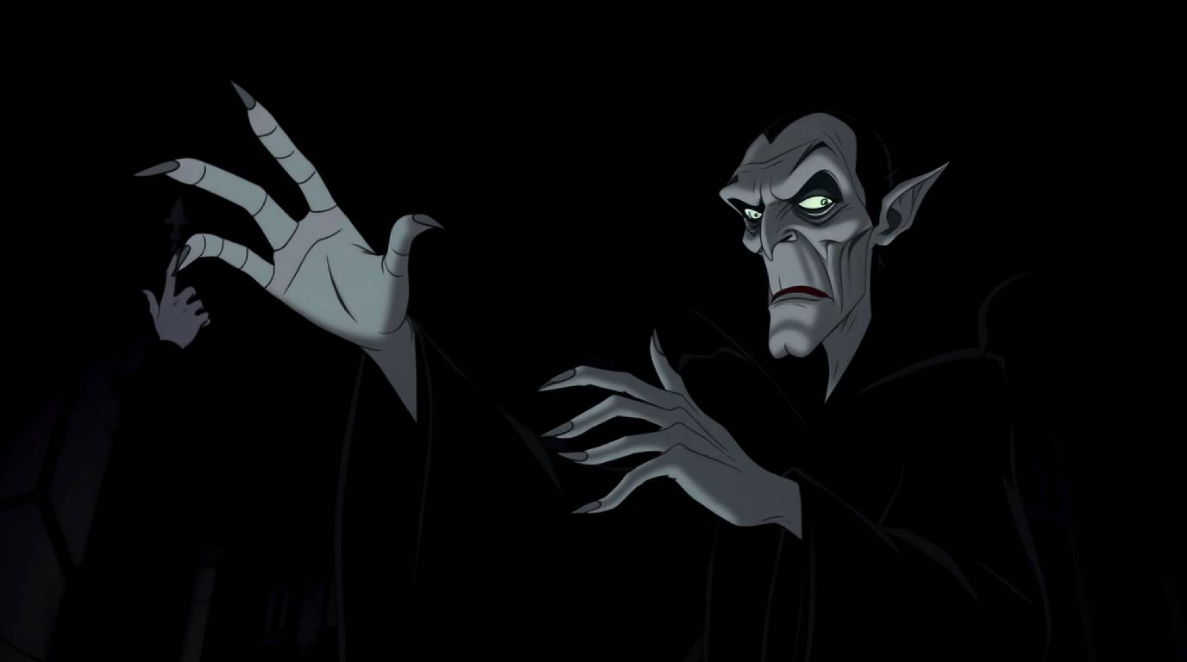 A classic Disney villain, gaunt and pale, casts a spell within a dark, imposing castle.  The image showcases intense jet blac