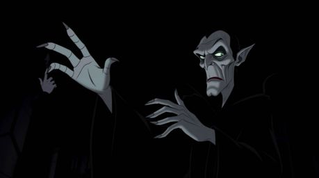 A classic Disney villain, gaunt and pale, casts a spell within a dark, imposing castle.  The image showcases intense jet blac