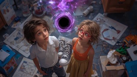 In a vivid, cinematic photograph reminiscent of Pixar stylization, a dynamic science duo stands amidst a cluttered science fa