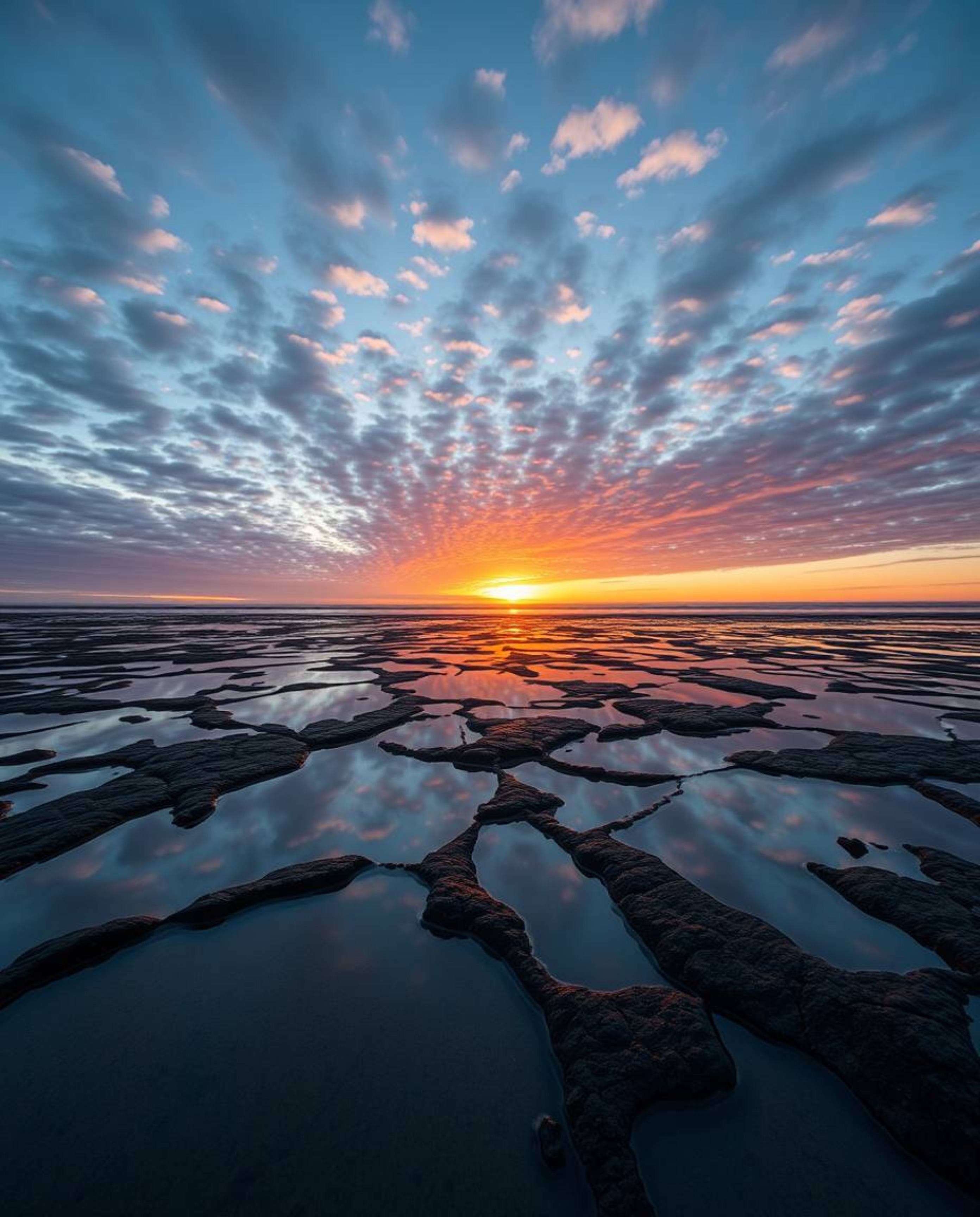 A high-angle, high-resolution stock photo of commercial quality captures a stunning sunset sky as it is mirrored in the tidal