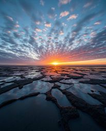 A high-angle, high-resolution stock photo of commercial quality captures a stunning sunset sky as it is mirrored in the tidal