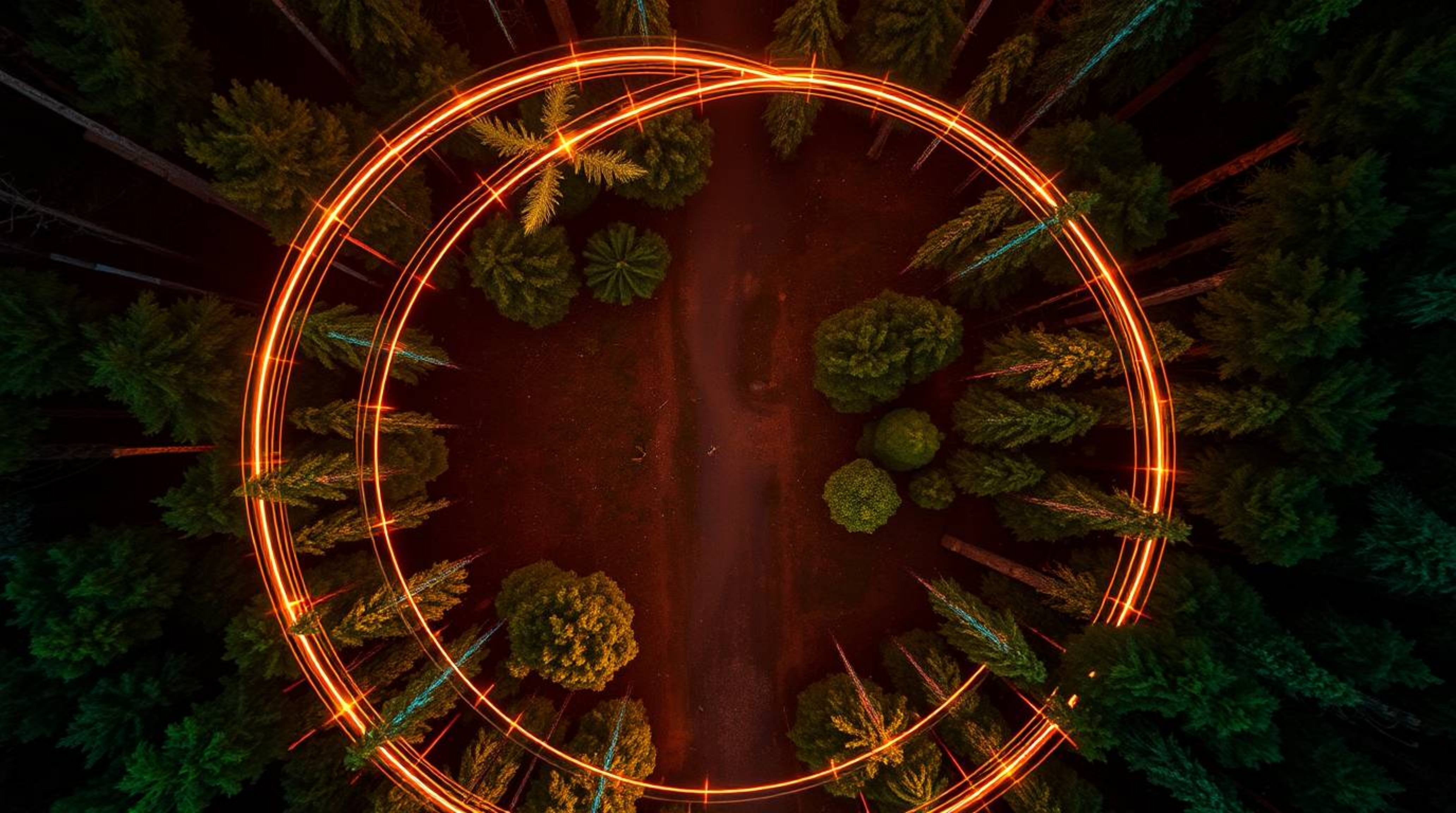 Experience a captivating overhead bird's-eye view of an abstract light art depicting a chase scene through a mesmerizing loop
