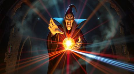 A classic Disney villain is captured in a moment of intense magic, casting a powerful spell within the ancient walls of an ol