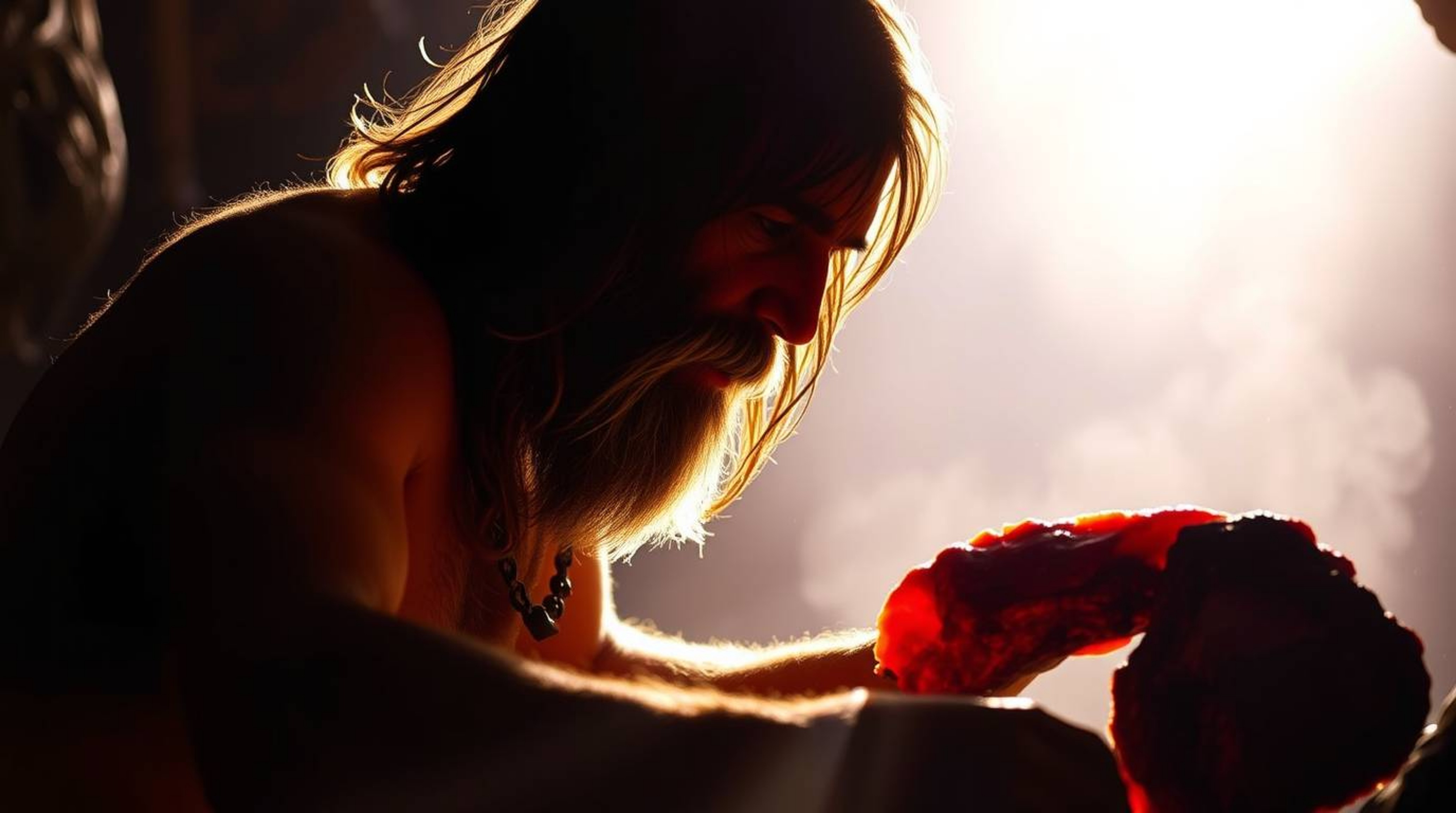 A vibrant and energetic scene depicting a silhouetted caveman cooking mammoth meat.  The backlighting creates a dramatic effe