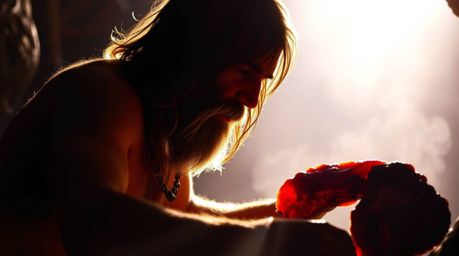 A vibrant and energetic scene depicting a silhouetted caveman cooking mammoth meat.  The backlighting creates a dramatic effe
