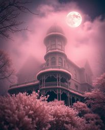 Explore a surreal world with this extreme macro close-up of a fog-covered Victorian mansion under moonlight. Captured in an o