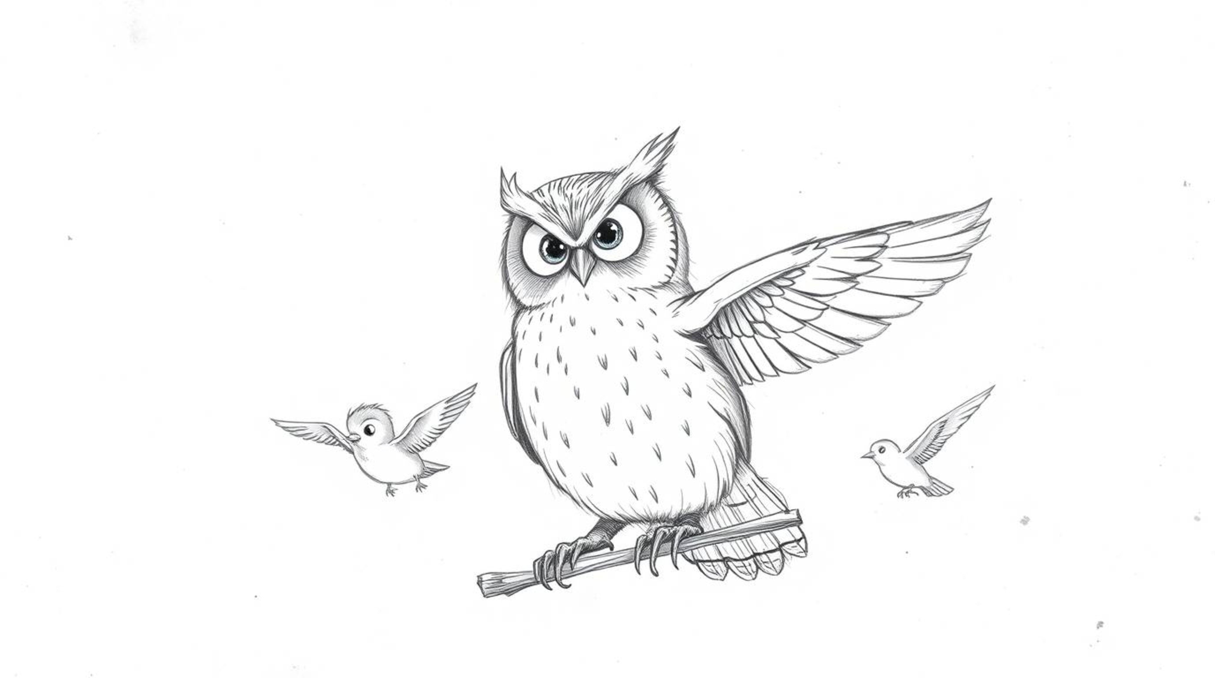 A hand-drawn, textured pencil sketch in the style of Pixar depicts a wise-looking blind owl guiding several small birds in fl