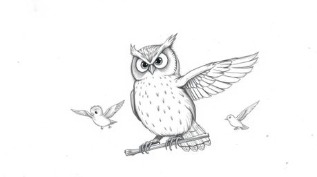 A hand-drawn, textured pencil sketch in the style of Pixar depicts a wise-looking blind owl guiding several small birds in fl
