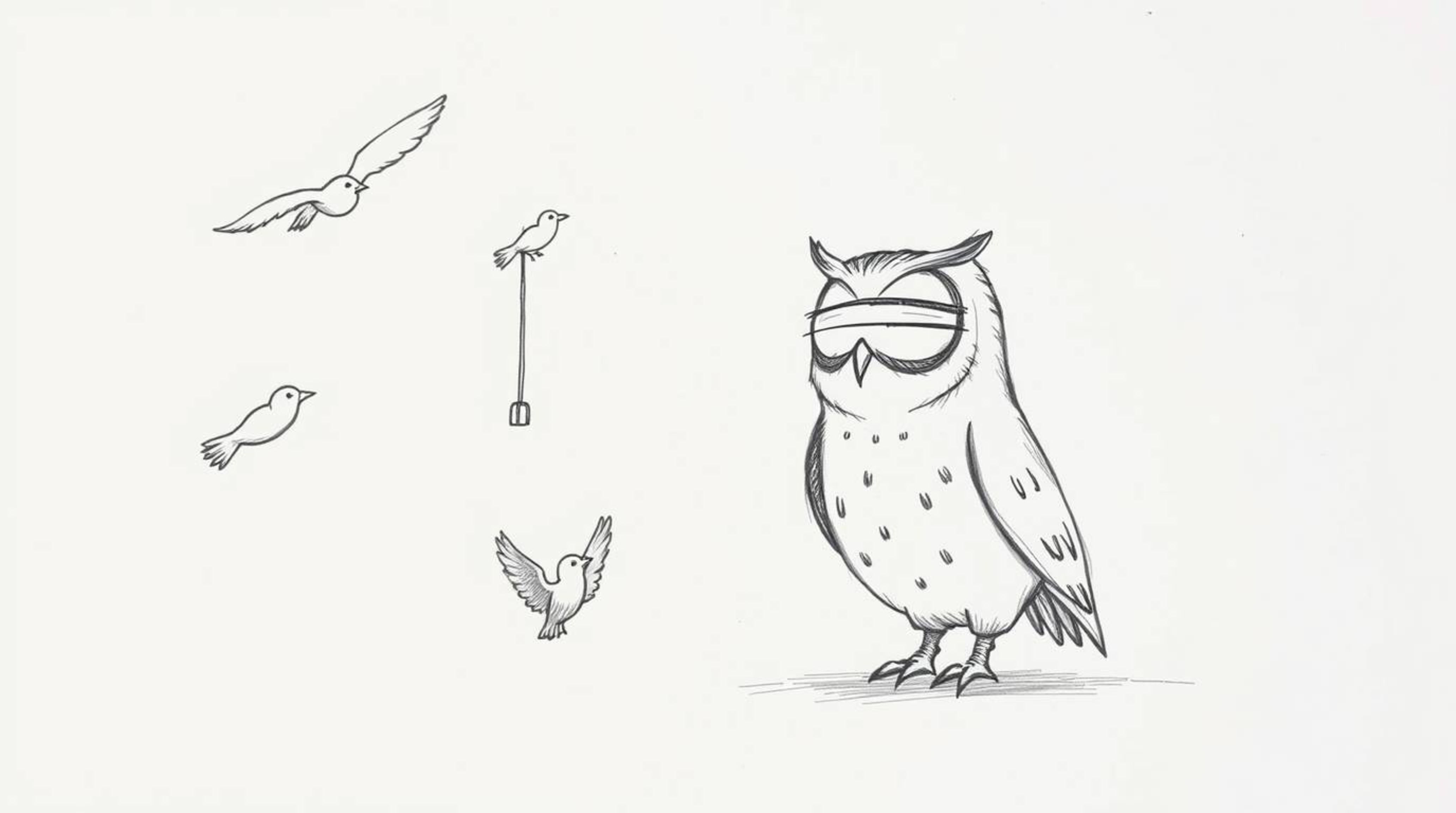 A heartwarming hand-drawn sketch in the style of Pixar portrays a blind owl with gentle features, innovatively guiding birds 