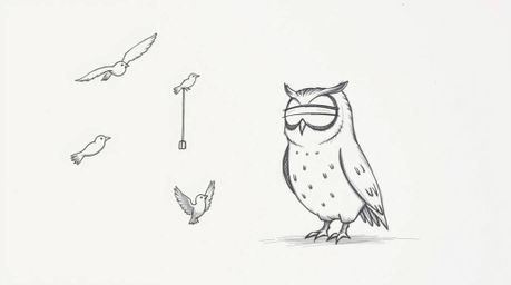 A heartwarming hand-drawn sketch in the style of Pixar portrays a blind owl with gentle features, innovatively guiding birds 
