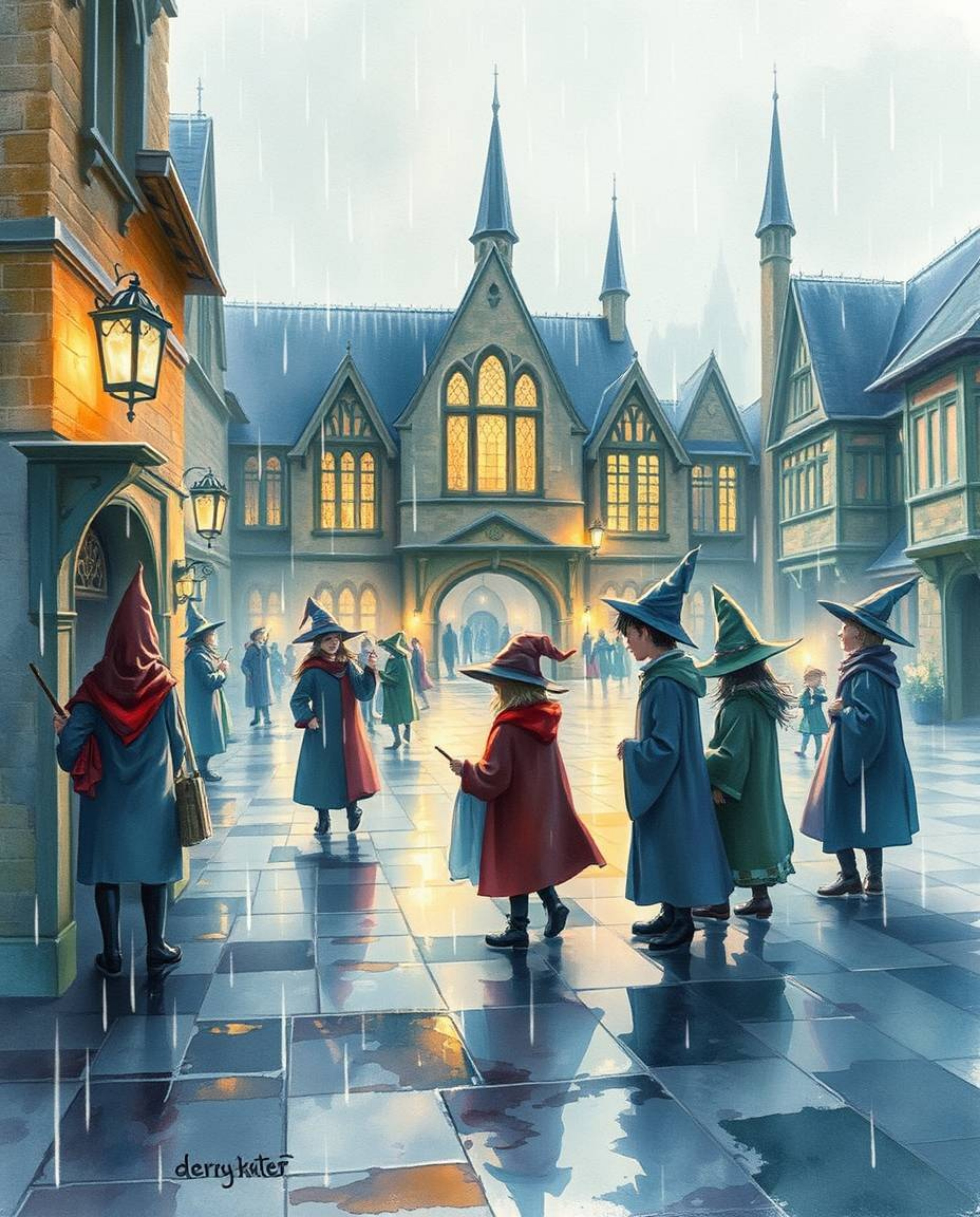 Immerse yourself in a delicate watercolor painting depicting a magical school teeming with young wizards. The scene captures 
