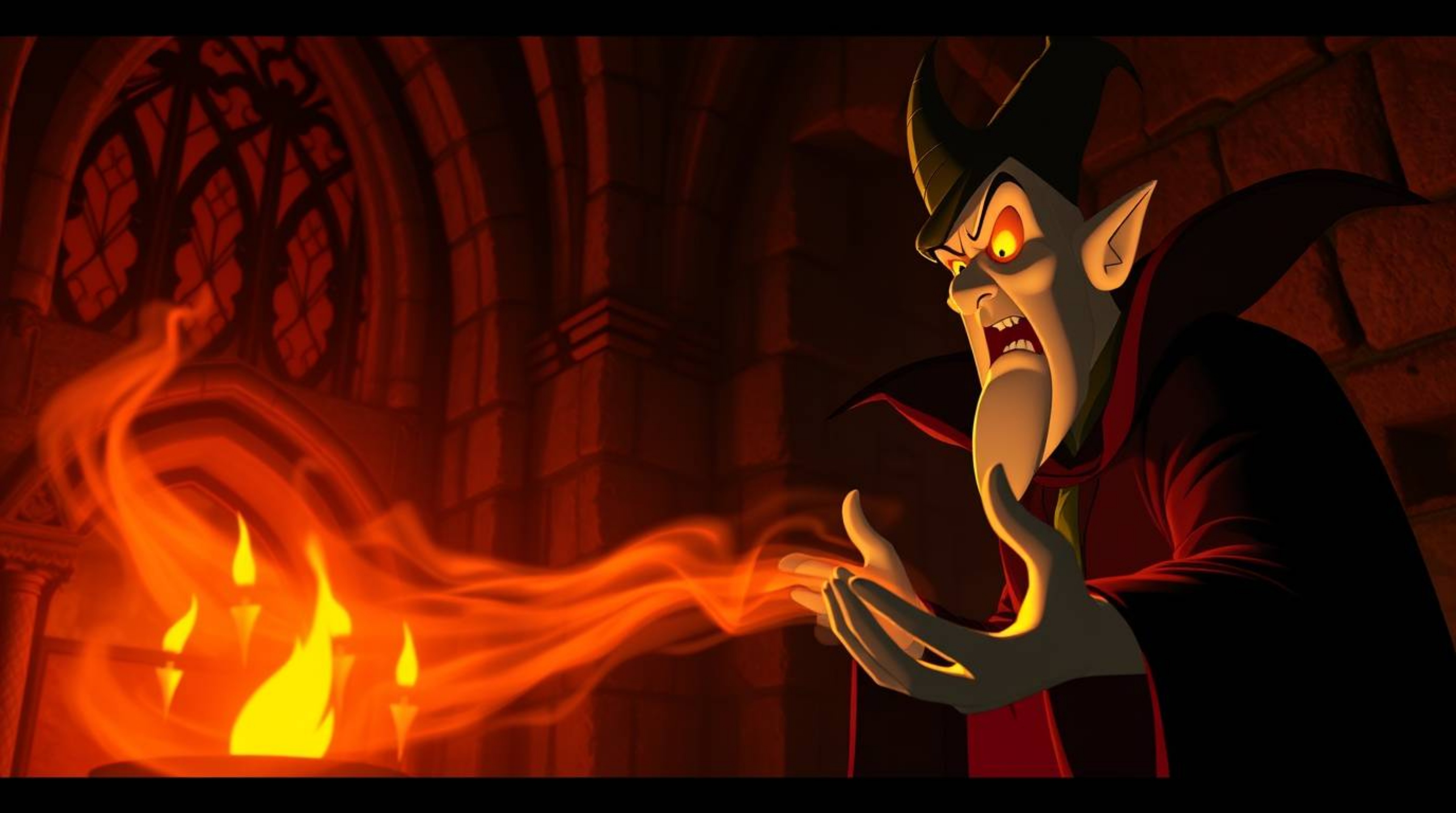 A classic Disney villain conjures a spell within the ancient walls of a castle, bathed in the warm, intense glow of autumnal 