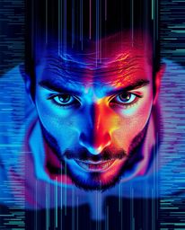 Explore a captivating digital glitch art portrait featuring a cool color palette of blues, greens, and purples. This bird's e