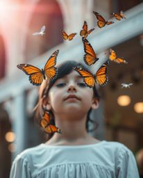 Stunning architectural color photography featuring a girl releasing butterflies.  The image boasts a sharp focus on the subje