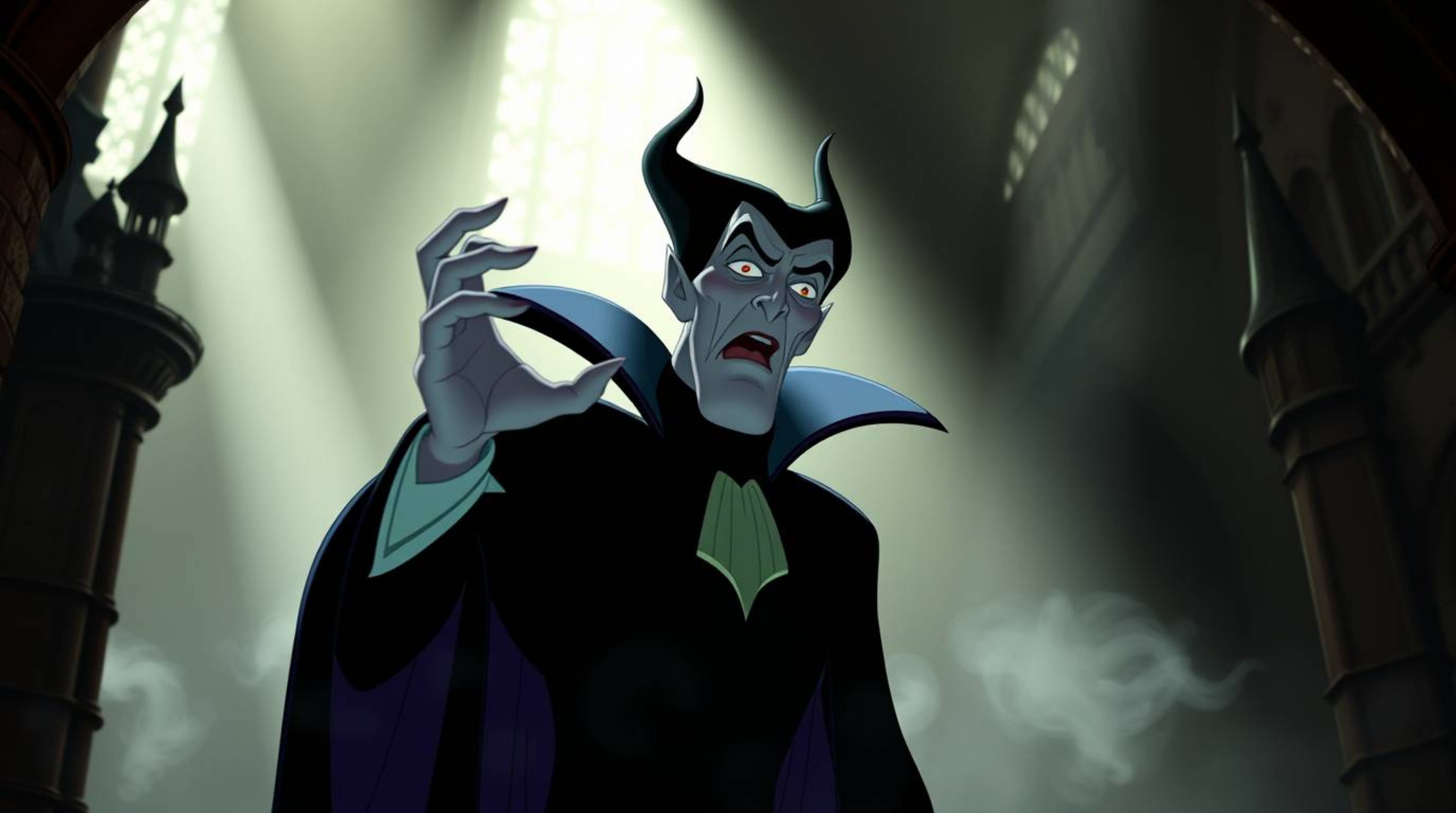 A classic Disney villain with sharp features and pale skin is depicted casting a spell within a crumbling gothic castle. The