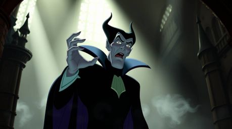 A classic Disney villain with sharp features and pale skin is depicted casting a spell within a crumbling gothic castle. The 