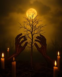 An eerie scene unfolds under the warm glow of candlelight, depicting hands diligently planting a tree beneath a radiant golde