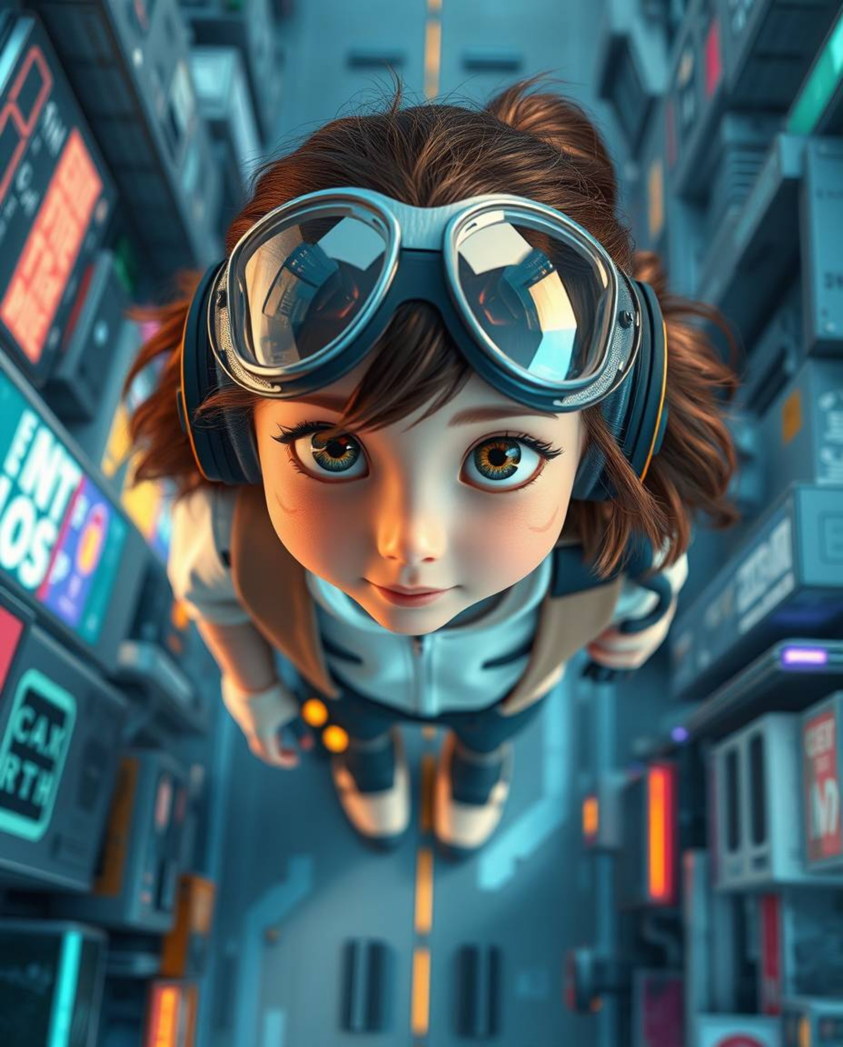 Discover a captivating image of a young, inventive girl amidst a vibrant, futuristic cityscape rendered in a charming Pixar-l