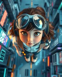 Discover a captivating image of a young, inventive girl amidst a vibrant, futuristic cityscape rendered in a charming Pixar-l