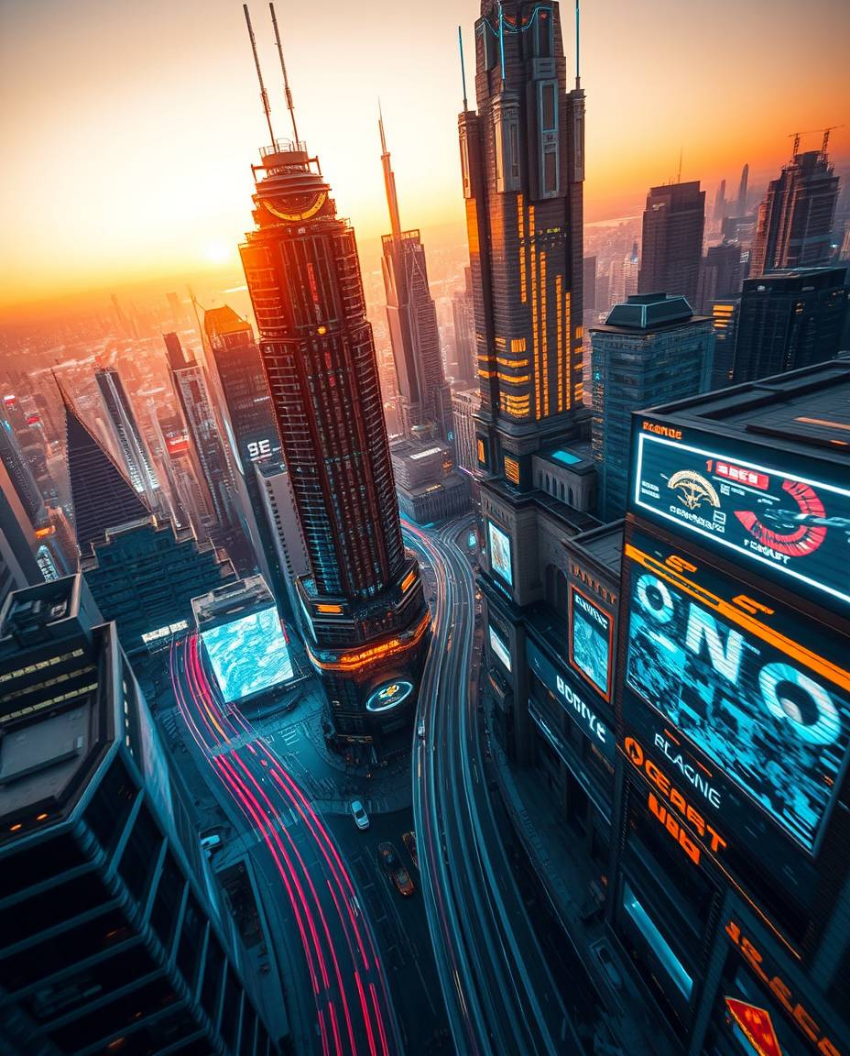 A captivating long-exposure photograph depicts a futuristic city in a mesmerizing glitch mode. Bathed in the warm glow of gol