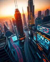 A captivating long-exposure photograph depicts a futuristic city in a mesmerizing glitch mode. Bathed in the warm glow of gol
