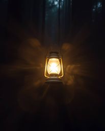 Explore the captivating beauty of volumetric lighting in dynamic motion, featuring a glowing lantern nestled within a dark fo