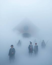 A magical school shrouded in a dense, atmospheric fog provides a striking visual, filled with young wizards honing their craf