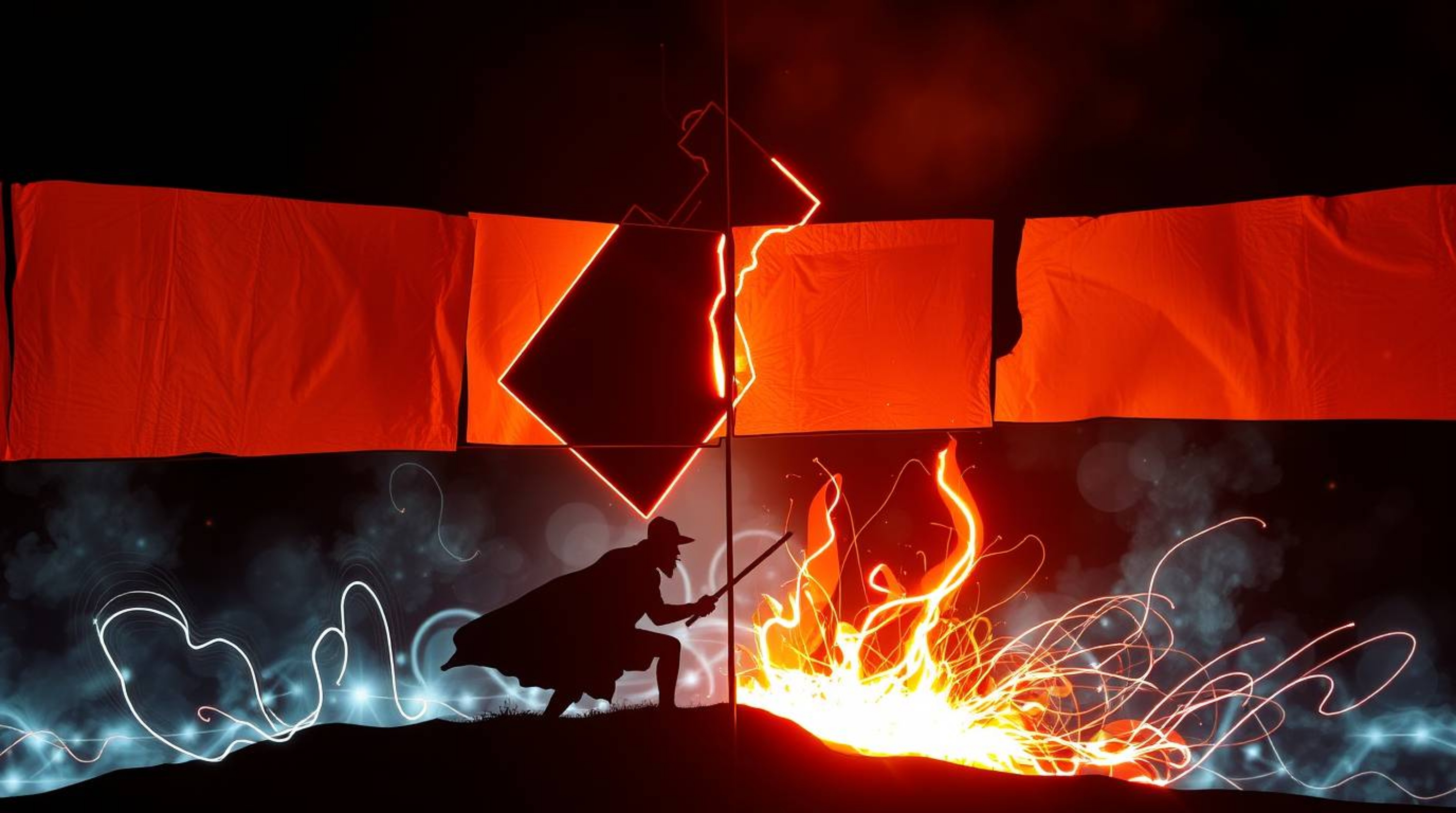 Explore a captivating light art piece showcasing a dramatic scene: an anvil poised to fall on a trickster. The artwork is div