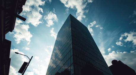 Capture the essence of modern urban life with low angle candid street photography, focusing on a modern glass building seemin