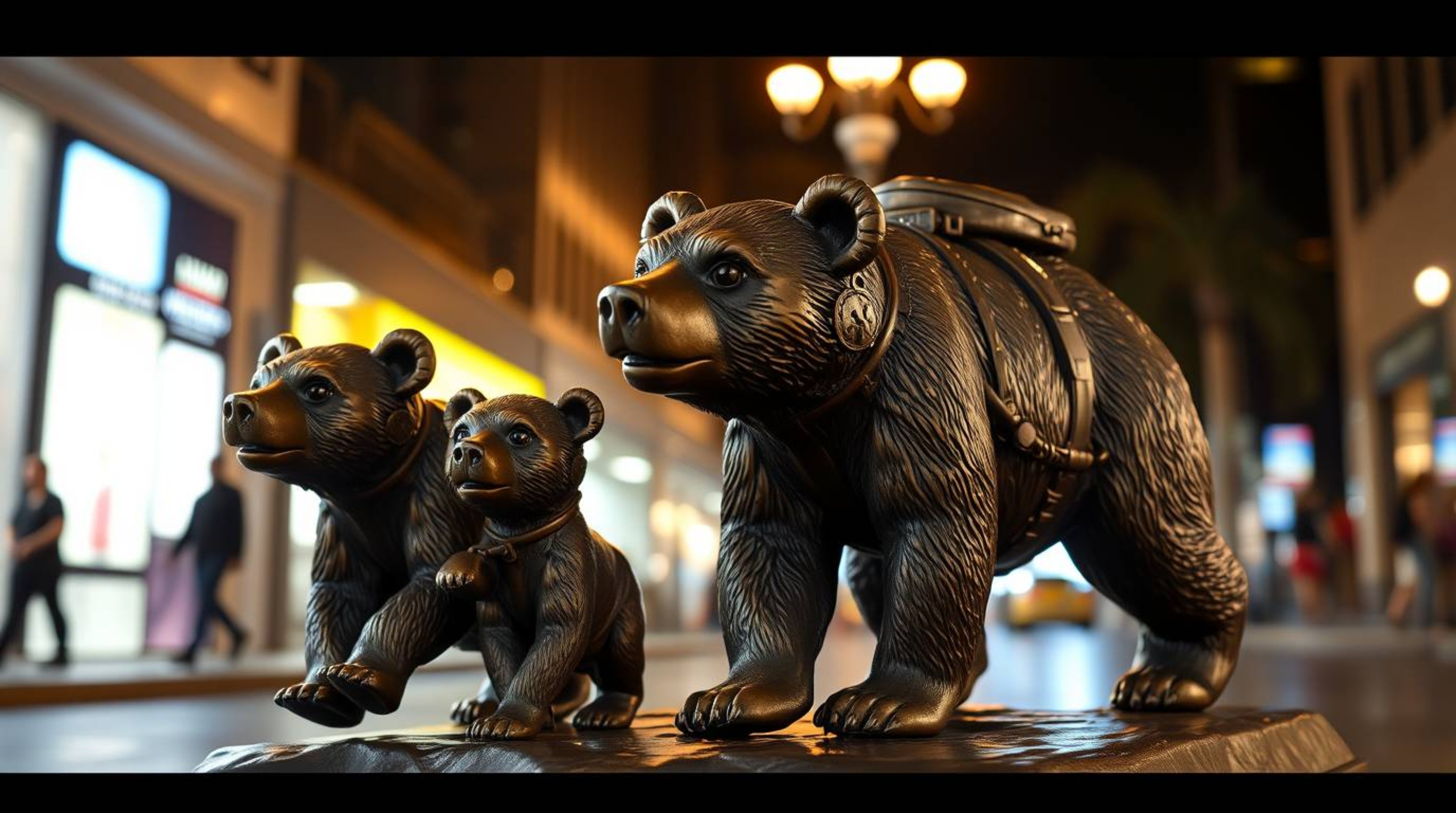 Discover a captivating cast bronze sculpture depicting an adorable bear family embarking on a thrilling urban adventure.  The