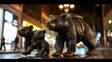 Discover a captivating cast bronze sculpture depicting an adorable bear family embarking on a thrilling urban adventure. The